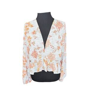 Fairy Womens Ruffle Crop Top Sz Med White Orange V-Neck Lightweight Flowy Sleeve